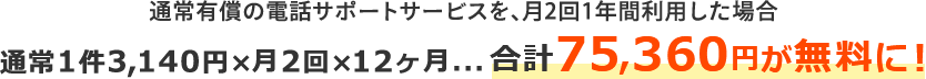 通常有償の電話サポートサービスを、月2回1年間利用した場合 通常1件3,140円×月2回×12ヶ月 合計75,360円が無料に！