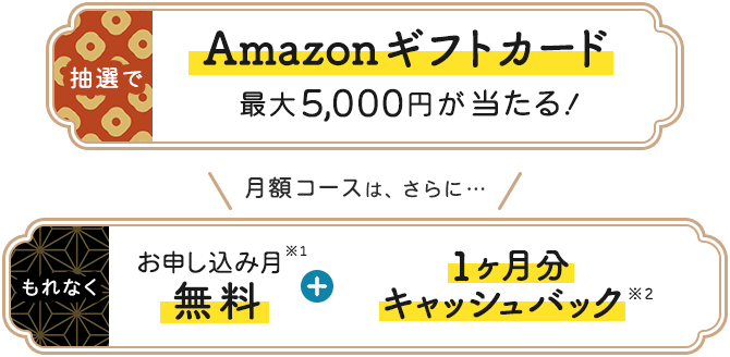 抽選でAmazonギフトカード最大5,000円が当たる！ 月額コースは、さらに…もれなくお申し込み月無料(※1)＋1ヶ月分キャッシュバック(※2)