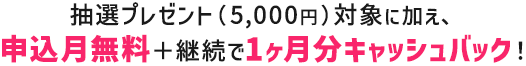 抽選プレゼント（5,000円）対象に加え、申込月無料＋継続で1ヶ月分キャッシュバック！