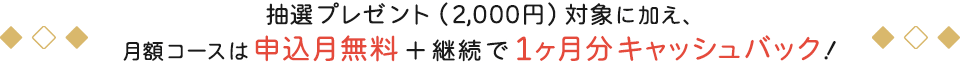 抽選プレゼント（2,000円）対象に加え、月額コースは申込月無料＋継続で1ヶ月分キャッシュバック！