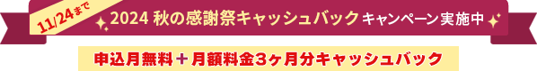 11/24まで 2024 秋の感謝祭 キャッシュバックキャンペーン実施中 申込月無料＋月額料金3ヶ月分キャッシュバック