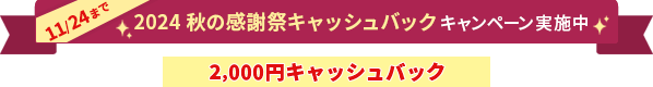 11/24まで 2024 秋の感謝祭 キャッシュバックキャンペーン実施中 2,000円キャッシュバック