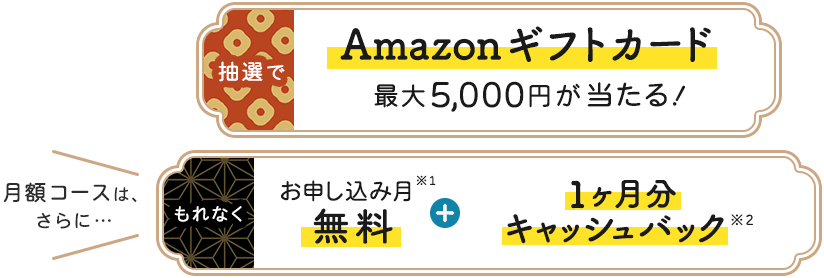 抽選でAmazonギフトカード最大5,000円が当たる！ 月額コースは、さらに…もれなくお申し込み月無料(※1)＋1ヶ月分キャッシュバック(※2)